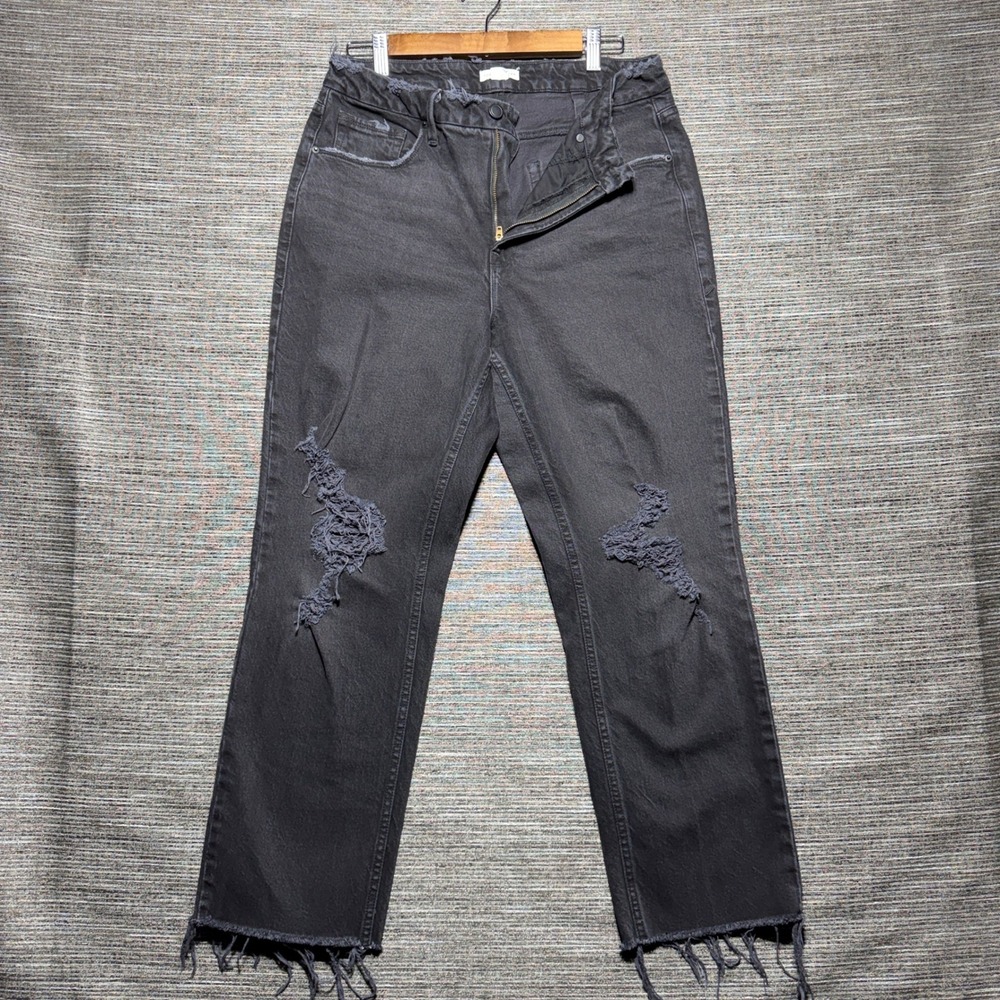 Good American Jeans Women 10/30 Black Distressed GNIC0628BT Straight Leg Ripped